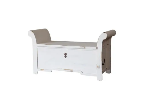 Baario Sitztruhe ADNA Weiss - Truhenbank aus massivem Mangoholz - Elegante Sitztruhe in Weiss mit Shabby-Finish, bietet großzügigen Stauraum und stilvolle Sitzmöglichkeit. Ein zeitloses Möbelstück, das durch seine handwerkliche Verarbeitung und exklusive Maserung besticht.