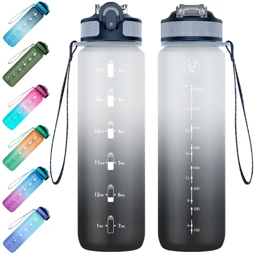 Sport Wasserflasche 1L mit Strohhalm und Zeitmarkierungen - Praktische, auslaufsichere Wasserflasche aus BPA-freiem Tritan für Erwachsene. Ideal für Sport und Fitness, hilft Ihnen, Ihre Flüssigkeitszufuhr im Blick zu behalten.