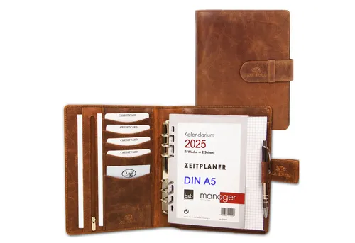 ALMADIH A5 Leder-Terminplaner mit Ringmechanik - Schreibmappe aus hochwertigem Premium-Rindsleder, perfekt für Meetings. Inklusive A5 Schreibblock und vielseitigen Fächern für Visitenkarten und Stifte.