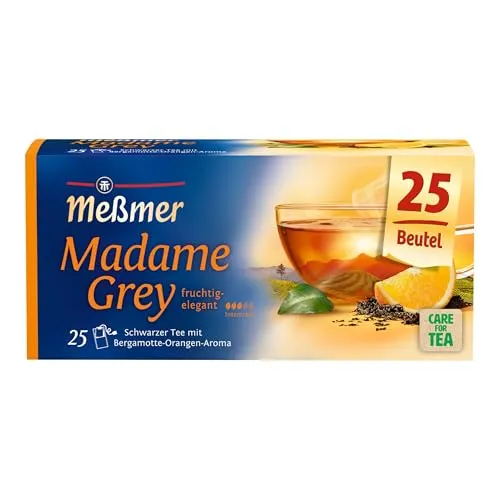 Meßmer Madame Grey - aromatisierter Schwarztee - Fruchtig-frischer Tee mit Bergamotte und einem Hauch Orange, vegan und glutenfrei. Genießen Sie einen typisch britischen Genussmoment!