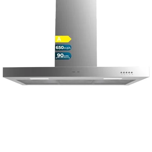 Cecotec Flux TM 906500 Inox Dunstabzugshaube 90 cm - Leistungsstarke Dunstabzugshaube mit Edelstahl-Oberfläche, 650 m³/h Saugleistung und Energieklasse A. Ideal für eine rauchfreie Küche dank effizientem Kohlefilter.