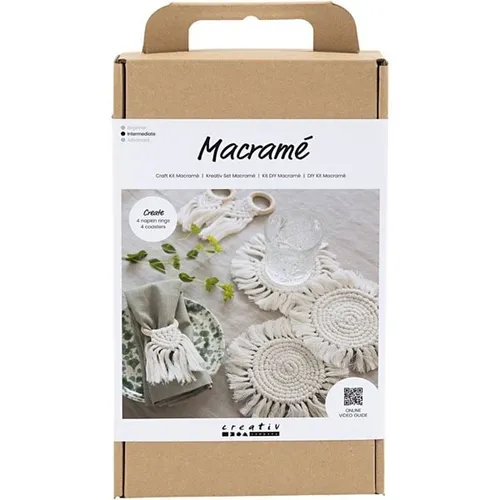 Creativ Bastelset Makramee - Natürliche Tischdekoration selbst gestalten - Strickset zur Herstellung von 4 Serviettenringen und 4 Getränkeuntersetzer. Ideal für kreative Tischdeko mit einfachen Makramee-Knoten für persönliche Akzente.