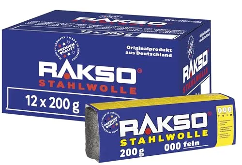 RAKSO Stahlwolle fein 000-2,4 kg, 12 Banderolen à 200g, Zwischenschliff von Lack, Schellack, poliert Kupfer, Messing & Öl, Wachs auf Holz