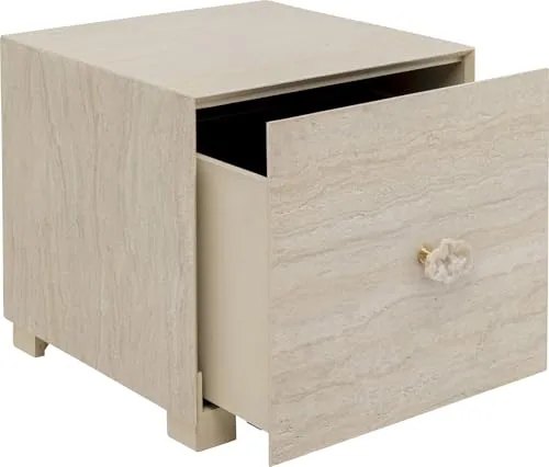 Kare Design Beistelltisch Travertino Beige 45x45 cm mit Schublade - Eleganter Beistelltisch in Steinoptik, ideal als Nachttisch oder Ablagetisch. Mit großer Schublade für eine aufgeräumte Ablagefläche und pflegeleichter Oberfläche, perfekt für jeden Raum.