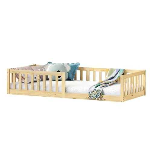 IDIMEX Bodenbett Gustavo mit Rausfallschutz – 90 x 200 cm aus massiver Kiefer - Kleinkindbett mit wechselseitigem Rausfallschutz für zusätzliche Sicherheit. Ideal für Montessori-Konzepte, fördert Unabhängigkeit und selbstständiges Ein- und Aussteigen.