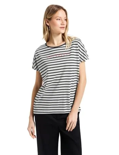 STREET ONE Damen A323175 Streifenshirt mit Wording, Black, 36 - Stylisches Damenshirt mit Rundhalsausschnitt und Dropped Shoulder, aus weichem Baumwoll-Modalmix, perfekt für lässige Looks.