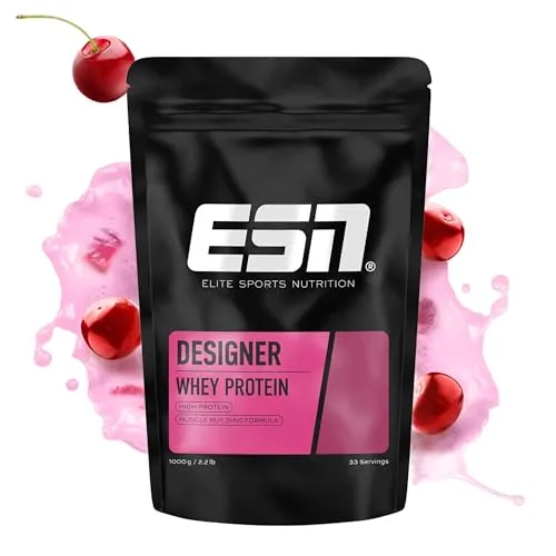 ESN Premium Designer Whey Protein Pulver Cherry Yogurt, 1 kg - Molkenproteine mit bis zu 23 g Protein pro Portion, ideal für Muskelaufbau, schnell resorbierbar und vielseitig einsetzbar, hergestellt in Deutschland.
