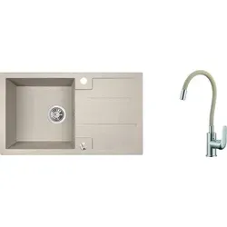 BADLAND Elza Set Spülbecken Granitspüle Beige mit Armatur und Siphon - Vielseitiges Set mit extrem widerstandsfähigem Granitspülbecken, flexibler Armatur für bequemes Abwaschen und platzsparendem Siphon. Ideal für moderne und traditionelle Küchen.