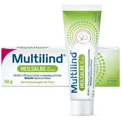 Multilind Heilsalbe mit Nystatin und Zinkoxid 50g - Arzneimittel zur Behandlung von Pilzinfektionen und Hautentzündungen. Kombiniert Nystatin zur Infektionsvorbeugung und Zinkoxid zur Linderung von Hautreizungen, ideal bei Windeldermatitis.