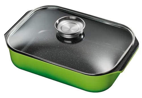 King Bräter, grün – Aluguss mit Aromaknopf - Vielseitiger Aluguss-Bräter von King mit Glasdeckel und Aromaknopf. Ideal zum Braten und Garen auf Herd und im Backofen. Besonders kratzfeste FUSION-Beschichtung für müheloses Kochen. Größe: ca. 40 x 26 cm.