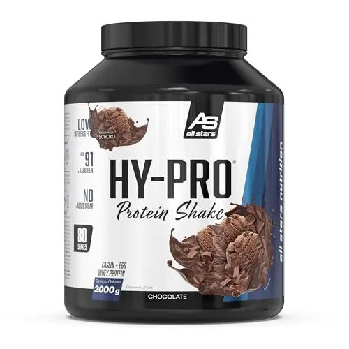 ALL STARS Hy-Pro Whey Protein Pulver ohne Zucker 2000g Schoko - Mehrkomponenten Proteine mit 30g Eiweiß pro Portion, ideal für eine zuckerreduzierte Ernährung und schnelle Proteinaufnahme ohne Zuckerzusatz.