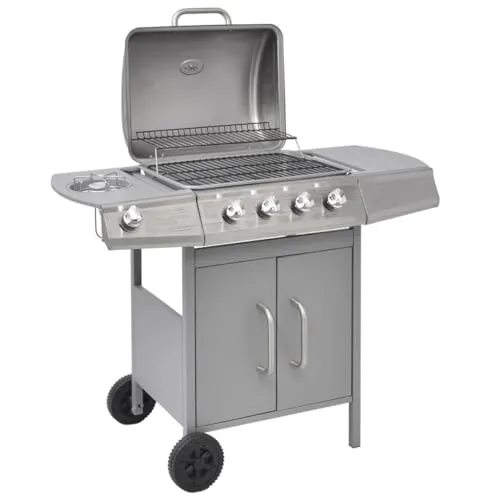vidaXL Gasgrill mit 4 Brennern 1 Seitenbrenner BBQ Grill Standgrill Grillwagen Grillstation Gartengrill Wagengrill Barbecue Silbern