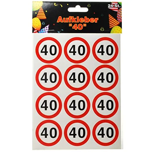 Udo SChmidt -1 PACKUNG = 24 AUFKLEBER MIT DER ZAHL 40. GEBURTSTAG MOTIV VERKEHRSSCHILD D:4cm