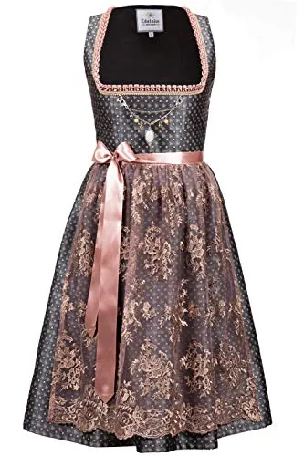 Edelnice Trachtenmode Midi Dirndl Beatrice - Exklusives Design mit Spitzendirndlschürze - Elegantes Dirndl für Damen in zeitlosem dunkelgrau mit altrosa Streublümchen, inklusive abnehmbarem Charivari und edler Spitzendirndlschürze. Ideal für besondere Anlässe.