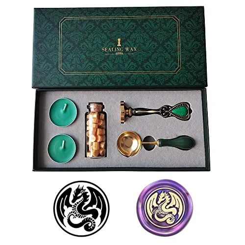 PORXFLY Wachssiegel Stempel Set, Vintage Personalisierte europäische Siegellack-Stempel-kit Geschenkbox Set für Hochzeitseinladungen,Kartenumschläge, Geschenkverpackung (Drachen)