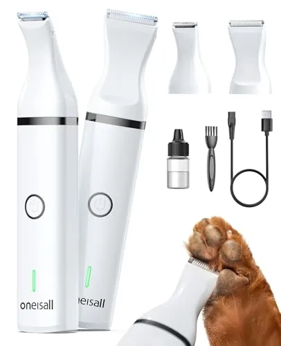 oneisall Pfotentrimmer für Hunde – Leise Doppelklingen-Schermaschine für Pfoten, Augen und Ohren (weiß) - Der oneisall Pfotentrimmer überzeugt durch sein leises Design und die schmale Klinge, ideal für das Trimmen von Pfoten und empfindlichen Bereichen. Schnurlos und benutzerfreundlich für stressfreies Grooming.