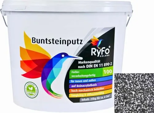 RyFo Colors Buntsteinputz Classic Line 100 schwarz/grau/weiß 25kg - Vielseitiger Fertigputz für Innen und Außen - Hochwertiger Buntsteinputz mit gemahlenen Marmorbestandteilen, ideal für kreative Wandgestaltungen. Witterungsbeständig und strapazierfähig, für ein individuelles Wohnambiente.