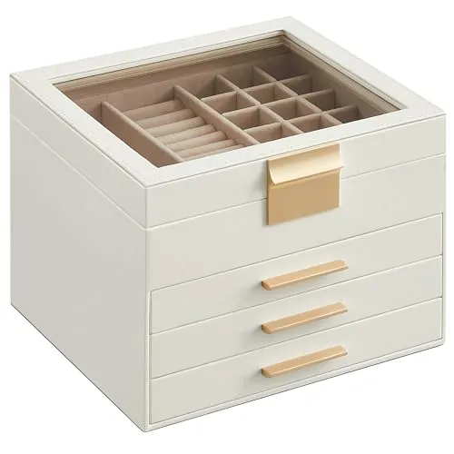 SONGMICS GISELLA Kollektion - Schmuckkästchen, Schmuckkasten 4 Ebenen, Schmuckbox mit Glasdeckel, 3 Schubladen, Schmuckaufbewahrung, Geschenkidee, 20,3 x 23,1 x 16,5 cm, wolkenweiß-golden JBC173W01