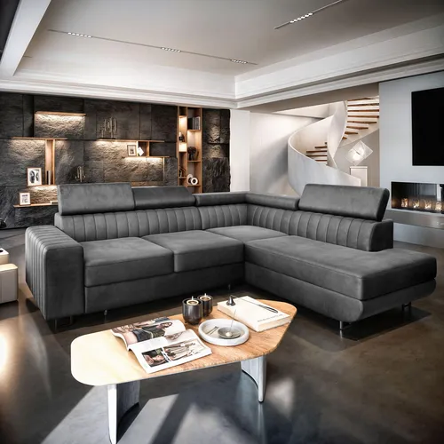 Masseno Ecksofa NOLA R-S mit Schlaffunktion - Sofa mit Bettkasten in L-Form, ideal für kleine Räume. Maximale Flexibilität und Komfort mit verstellbaren Kopfstützen und elegantem Design, perfekt für Gäste und entspannte Abende.