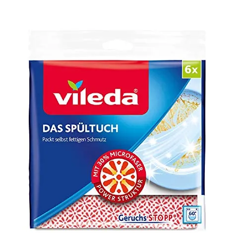 Vileda Spültuch 34x34 cm, 6er Pack - Hygienisch frisch und streifenfrei - Wiederverwendbare Reinigungstücher, 6er Pack mit Geruchsstoptechnologie für langanhaltende Frische und perfekte Reinigungsergebnisse.
