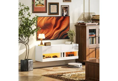 HOMCOM TV-Board mit LED-Beleuchtung - Wandmontierter TV-Hängeschrank in Hochglanzweiß mit 16 Blinkmodi für stimmungsvolle Beleuchtung. Bietet Platz für Fernseher bis 50 Zoll und sorgt für Ordnung mit zwei Fächern und Kabeldurchführungen.