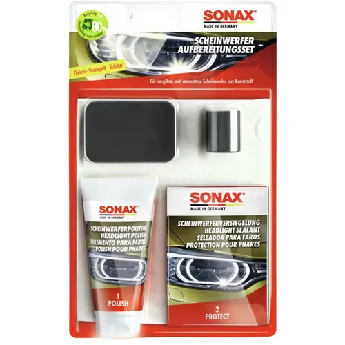 Sonax Scheinwerferaufbereitung Set 04059410 - Autoreinigung & Pflege: 28-teiliges Set zur kostengünstigen manuellen Aufbereitung von Kunststoffscheinwerfern für mehr Fahrsicherheit und verbesserte Lichtausbeute.