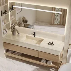Wandhängendes Waschbecken-Set - Sinterstein - Travertine look, mit Spiegel, Unterschrank, Ablage & Ablauf, mit Armaturenloch 140×55 cm【YT9865-1...