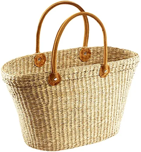 Kobolo Shopper Seegrastasche mit Ledergriffen - Shopper aus 90% Seegras, stilvolle Naturfarbe und langlebige Echt-Ledergriffe, ideal für den täglichen Einkauf oder als modische Ergänzung.