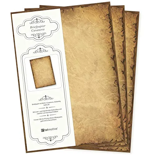 TATMOTIVE Altes Briefpapier CASANOVA - Vintage A4 Briefpapier, beidseitig bedruckt, ideal für persönliche Briefe, Einladungen oder Geschäftspost, hohe Qualität und vielseitig einsetzbar.