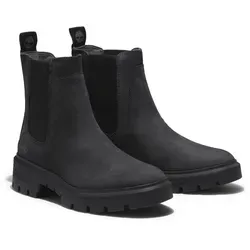 Timberland Womens Mid Chelsea Boot jet black 9.5 Wide Fit - Wanderschuhe für Damen, nachhaltig aus Premium Timberland Leder und ReBOTL-Gewebe, ideal für Alltag und Freizeit mit optimalem Komfort dank OrthoLite-Fußbett und GreenStride-Zwischensohle.