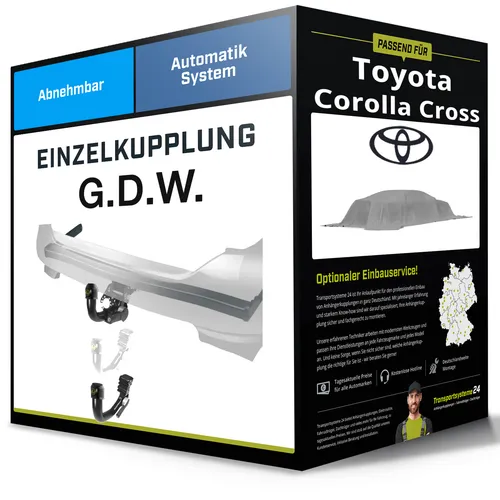 Abnehmbare G.D.W. Anhängerkupplung für Toyota Corolla Cross - Hochwertige Anhängerkupplung, abnehmbar und ohne Eintragung in Fahrzeugpapiere. Ideal für Toyota Corolla Cross (07.2020 - jetzt) mit einer Anhängelast von 900 kg.