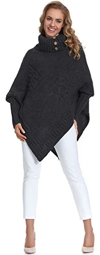 Merry Style Damen Poncho M83N4 (Graphite) - Strick Ponchos & Capes für Damen; Bequemer Damenponcho mit großen Ärmeln und Rollkragen, aus warmem, elastischem Material für eine perfekte Passform.