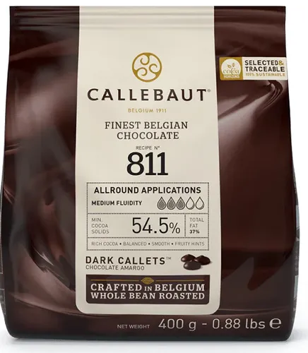 Barry Callebaut 811 Zartbitter Schokolade Kuvertüre 400g - Schokolade - Kultige belgische Zartbitterkuvertüre mit 54,5% Kakao für vielseitige Anwendungen. Ideal für Pralinen, Mousse und Desserts mit samtigem Schokoladengeschmack.