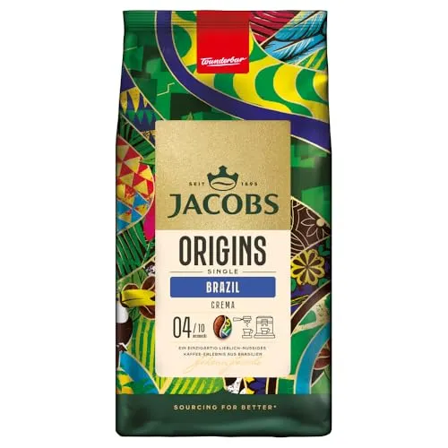 Jacobs Kaffeebohnen Origins Brazil - Geröstete Kaffeebohnen mit mild-nussigem Geschmack aus Brasilien, ideal für Café Crema. Ganze Bohnen für frisches Aroma, Intensität 4/10 und nachhaltig durch das Common Grounds Projekt.