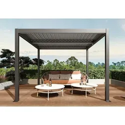 Mendler Pergola HWC-L46, 3x4m Lamellen-Pavillon - Stabiler Gartenpavillon mit drehbaren Lamellen und integrierter Regenrinne, sturmfest bis 100 km/h – genießen Sie Schatten und Licht nach Ihrem Wunsch!