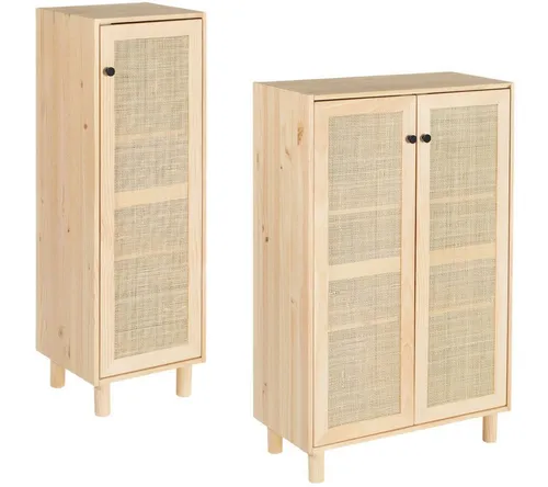 Vollholzregal "SENSE" mit handgefertigtem Rattan - Schmal - Elegantes Vollholzregal mit Rattantüren für vielseitige Nutzung im Wohn- oder Arbeitsbereich. Bietet großzügigen Stauraum und überzeugt durch hochwertige Verarbeitung und langlebige Materialien.