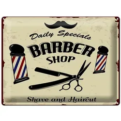 Femer GmbH Metallschild Spruch 30x40cm Barbershop shave and haircut, (1 St), gewölbte Oberfläche, abgerundete Ecken, umgeschlagene Kanten