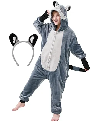 corimori Waschbär-Kostüm für Kinder – Flauschiger Jumpsuit mit Haarreif für Karneval - KUSCHELIG: Weicher Waschbär Jumpsuit für Kinder (90-110 cm), ideal für Fasching und Halloween. Praktische Taschen und einfacher Reißverschluss für bequemes An- und Ausziehen. Perfekt auch als Pyjama!