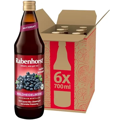 Haus Rabenhorst Waldheidelbeere Muttersaft BIO 6er Pack - Naturbelassener Waldheidelbeersaft in praktischen 700 ml Glasflaschen, vegan und ohne Zuckerzusatz. Ideal für einen erfrischenden Genuss – pur oder verdünnt.