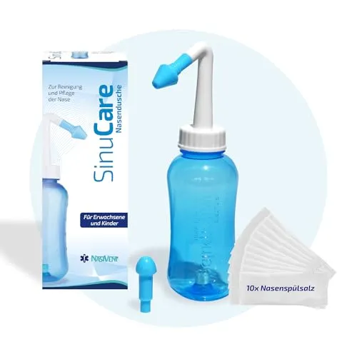 Nasivent SinuCare Nasendusche Starter Set mit 10 Beuteln Nasenspülsalz – sanfte Nasenreinigung bei Allergien, Schnupfen, Pollen & Sinusitis – Spülflasche mit 2 Aufsätzen – BPA-frei