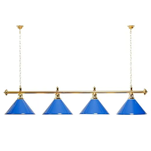 Billiard-Royal Billardlampe mit 4 Schirmen – Elegante Hängelampe für Billardtische - Optimale Ausleuchtung für Ihren Billardtisch! Diese stilvolle Lampe mit goldfarbener Halterung sorgt für eine perfekte Atmosphäre in Ihrem Billard-Raum. Praktische Maße und passende Aufhängketten inklusive.