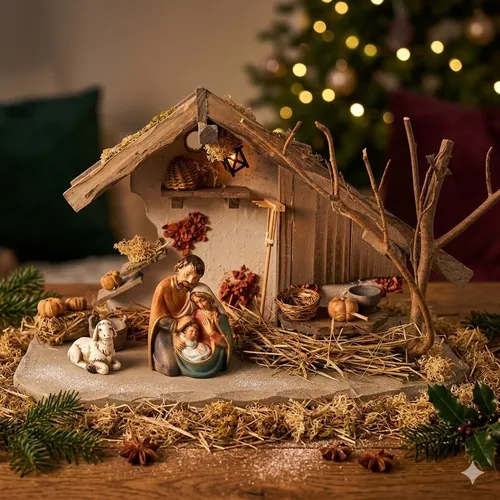 Traditionelle Weihnachtskrippe Treuf mit Heiligen Familie - Krippe für Weihnachten, liebevoll gestaltete Figuren inklusive Ochs und Esel, ideal für festliche Dekoration und stimmungsvolle Feiertage.