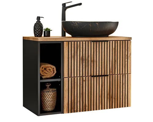 einfachgutemoebel Waschtisch-Set Tribune 80cm - Badmöbel-Set mit Waschtisch Unterschrank, Oberplatte und Regalfach in Schwarz-Wotan-Eiche. Perfekt für stilvolle Badezimmer mit cleverem Stauraum.