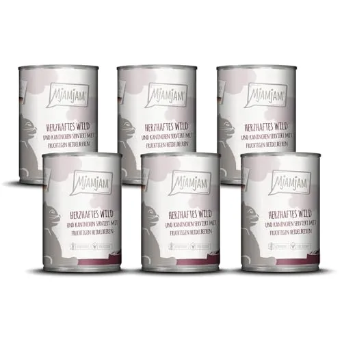 MjAMjAM - Premium Nassfutter für Katzen - herzhaftes Wild & Kaninchen an fruchtigen Heidelbeeren, 6er Pack (6 x 400 g), getreidefrei mit extra viel Fleisch