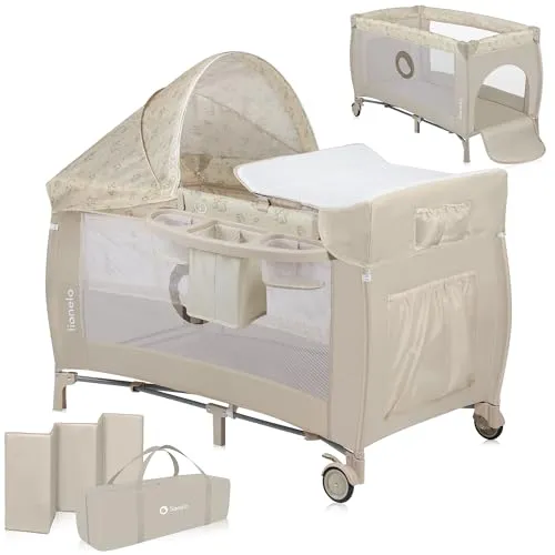 Lionelo Sven Plus 4 in 1 Babybett - Reisebett mit Seiteneingang, luftigen Seitenwänden und 2-stufig höhenverstellbarem Einlegeboden für optimalen Komfort und Sicherheit Ihres Babys.