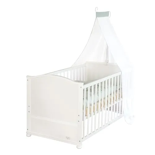 roba® Komplettbett Woodland Buddies - Umbau-Babybett mit Matratze und Textilausstattung - Praktisches Babybett 70x140 cm, umbaubar zum Juniorbett. Inkl. Matratze, Himmel und Bettwäsche. Robuste Verarbeitung und einfache Selbstmontage für eine sichere Schlafumgebung.