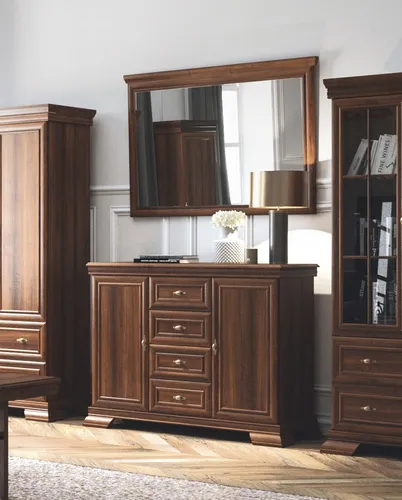Kommode und Wandspiegel "Kora" Set - Rustikales 2-teiliges Möbelset - Kommoden für Unisex Erwachsene, rustikales Design mit kratzfester Oberfläche und 4 Schubladen, ideal für Wohnzimmer oder Esszimmer.