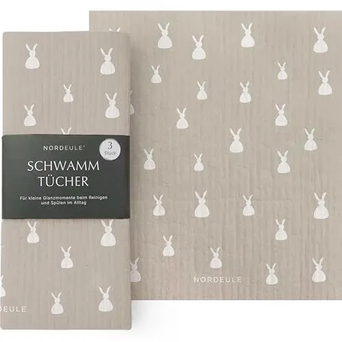 NORDEULE® Schwammtücher Ostern Beige 3 STÜCK | Reinigungstücher im nordischen Design | für Glanzmomente im Alltag oder als Geschenk zu Ostern, Osternest befüllen (Osterhase)