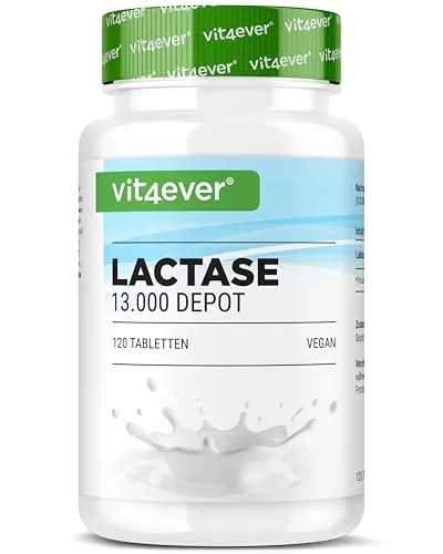 vit4ever Laktase 13.000 Depot - 120 Tabletten mit Depotwirkung - HOCHDOSIERT & PRAKTISCH: 120 Laktase-Tabletten mit 13.000 FCC-Einheiten. Ideal zur Unterstützung der Verdauung von Milchprodukten. Vegan und ohne unerwünschte Zusatzstoffe für eine hochwertige Ergänzung.