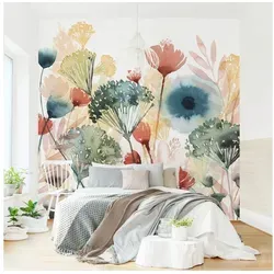 Bilderdepot24 Fototapete Blumen Wildblumen Sommer Blumentapete Floral Natur Modern Kunst, Glatt, Matt, (Vliestapete inkl. Kleister oder selbstklebend), Wohnzimmer Schlafzimmer Küche Flur Motivtapete Vliestapete Wandtapete weiß 2.88 m x 2.88 m